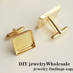 May include: Two gold-toned cufflinks with square glass inserts. The cufflinks are designed for DIY jewelry making.