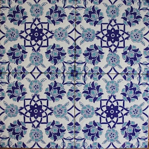 Turkish Ceramic Tile Set (4) - Splash back, Kitchen, Bathroom, Traditional Ottoman designs - Blue floral lattice