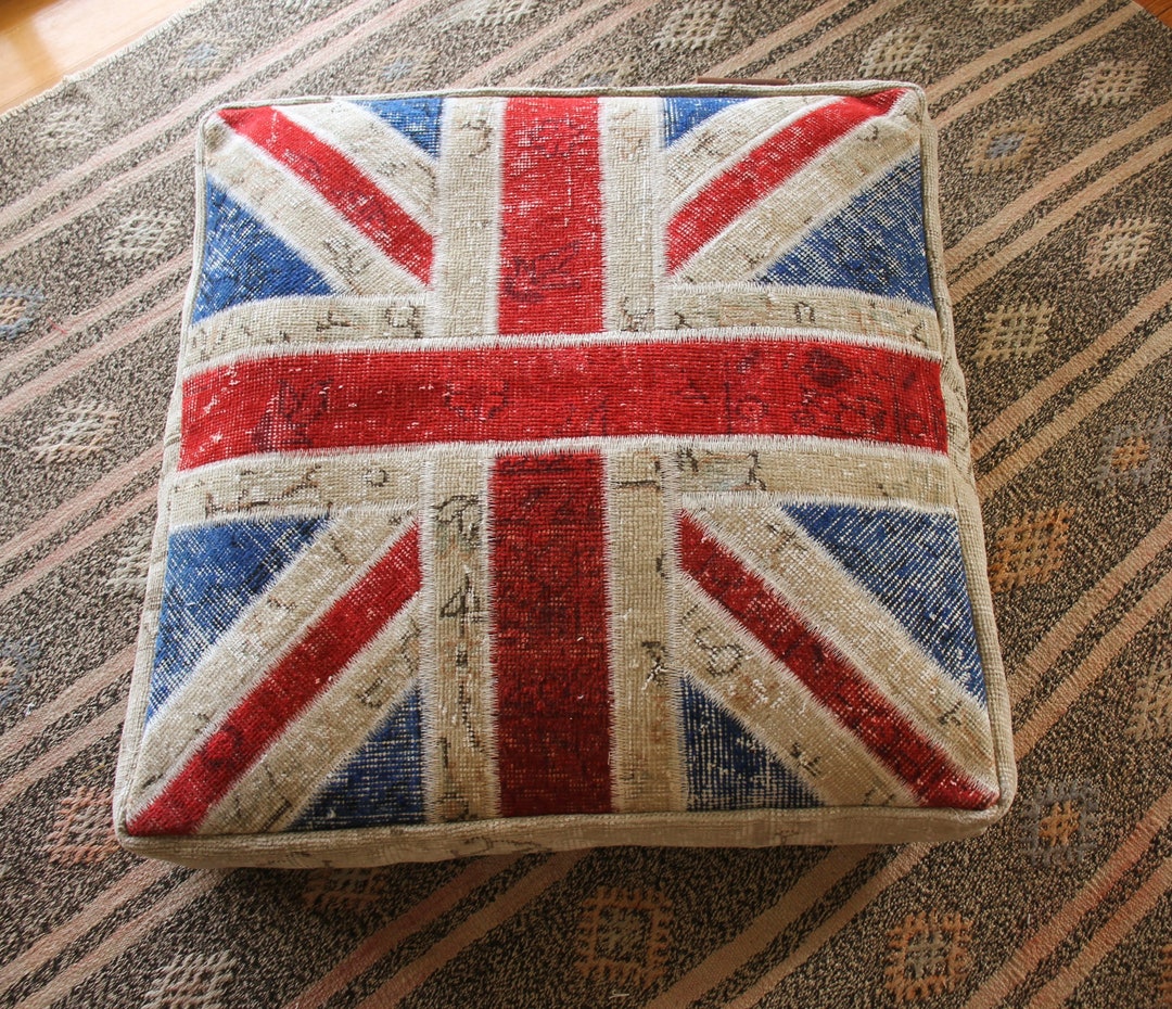 UNION JACK Floor Cushion Hand Crafted From Vintage Handwoven Carpet
