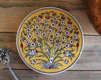 Quality Turkish Ceramic Trivet - Round Circular - 16cm Diameter (6.3 INCH) - Tree of Life in Yellow