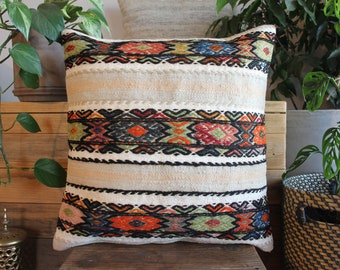 50cm (20inch) Vintage kilim cushion cover handwoven - colourful brocaded bands on off white
