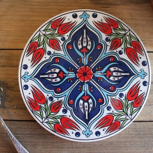 Quality Turkish Ceramic Trivet - Round Circular - 16cm Diameter (6.3 INCH) - Floral Tulip