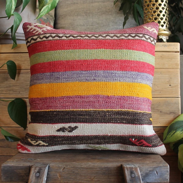 40cm (16inch) Vintage Boho kilim cushion cover handwoven - multi coloured stripes