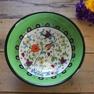 16cm Hand painted Ceramic Turkish Bowl - Ottoman Floral Designs - Colourful Snack, Trinket, Jewelry Dish, Gorgeous Middle Eastern Bowl GREEN