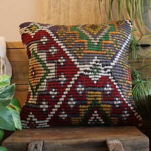 40cm (16inch) Boho kilim cushion cover handwoven - full weave brocade vibrant wine red green white