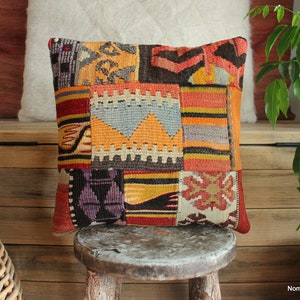 40cm Vintage kilim cushion cover handwoven - Patchwork Anatolian Mix - orange warm tones