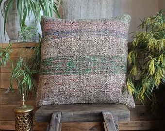 Vintage Kilim Pillow Cover – Handwoven Wool & Linen, Speckled Green (20 inch)