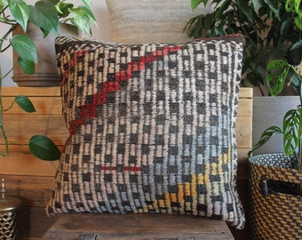 50cm (20inch) Vintage kilim cushion cover handwoven - full brocade red and yellow accents