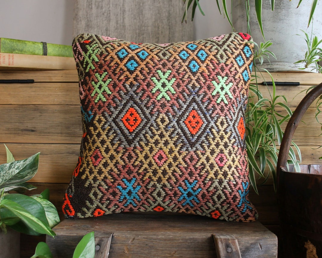 40cm 16inch Handwoven Kilim Pillow Cover Full Brocaded Thick Weave