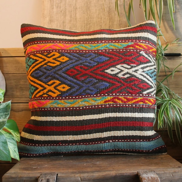 40cm (16inch) Boho kilim cushion cover handwoven - half brocade blue orange red white