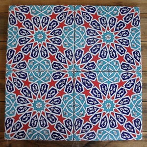 Turkish Ceramic Tile Set (4) - Splash back, Kitchen, Bathroom, Traditional Ottoman designs - Geometric blue and red
