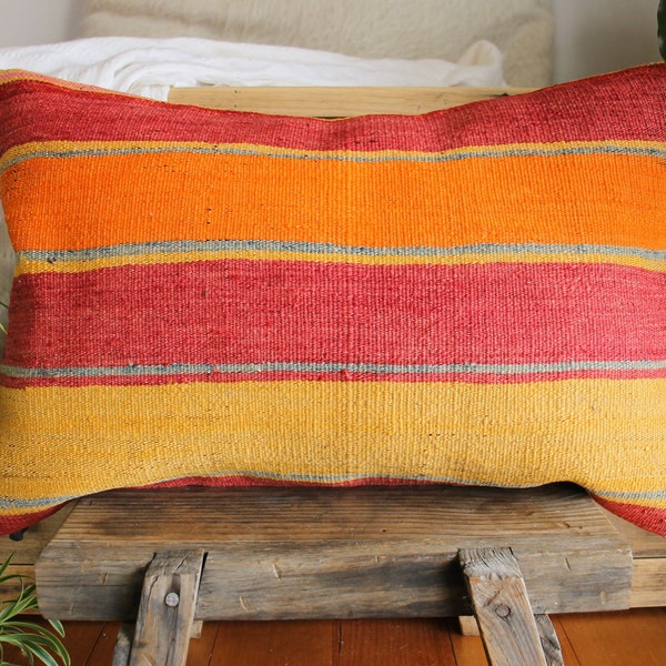 40*60cm (16*24in) Genuine Handwoven vintage kilim pillow cover  - hand spun wool - stunning orange pinky red yellow
