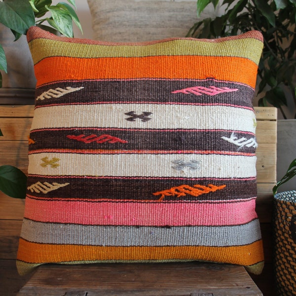 50cm (20inch) Vintage kilim cushion cover handwoven - various coloured stripes with motifs