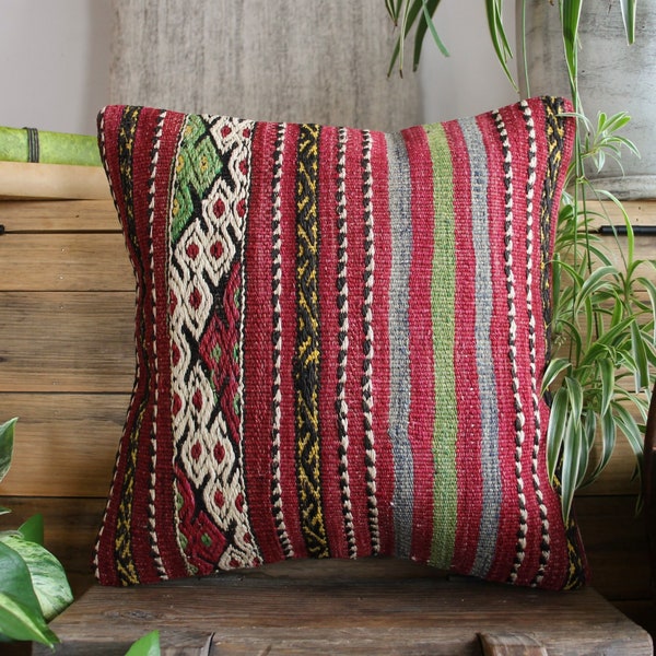 40cm (16inch) Handwoven Kilim Pillow cover - brocaded weave purples pinks green accents  3