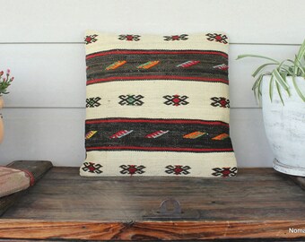 Vintage Kilim Cushion Cover – Handwoven Wool, Tribal Stripe (40cm)