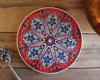 Quality Turkish Ceramic Trivet - Round Circular - 16cm Diameter (6.3 INCH) - Lattice Design with Red