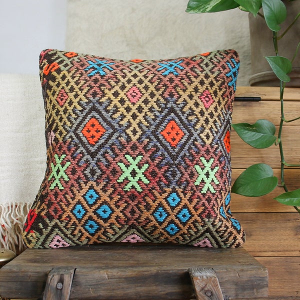 40cm (16in) Vintage kilim cushion cover handwoven - authentic pillow cover - hand spun wool - Turkish square pillow