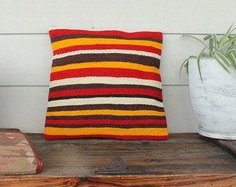 40cm Vintage kilim cushion cover handwoven - Boho vibrant stripes sunshine