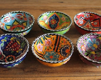 Set of 6 (7cm each) Hand painted Ceramic Turkish Bowls - Ottoman Floral Designs - Snack, Trinket, Jewelry Dishes - Multicoloured -