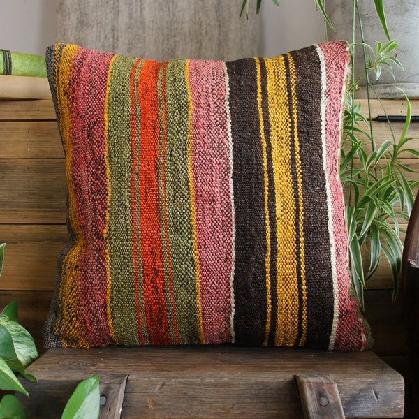 40cm (16inch) Handwoven Kilim Pillow cover - warm tribal stripes