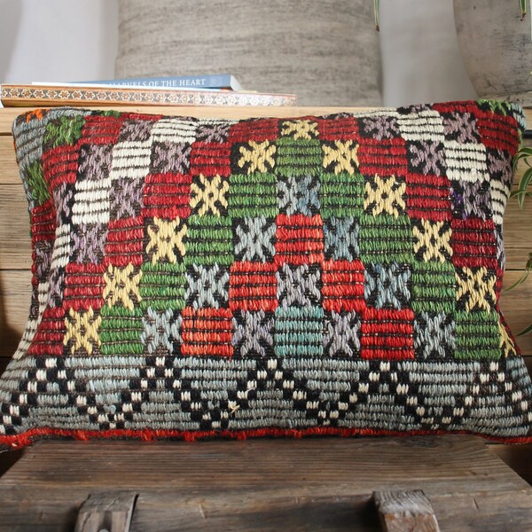 35*50cm (14*20in)  Handwoven Vintage Kilim Cushion Pillow Cover - full brocaded weave green red blue