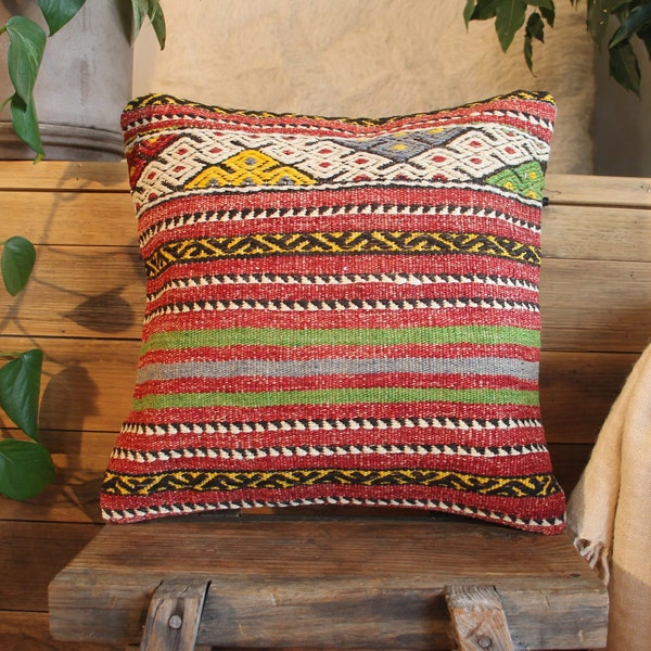 40cm (16 inch) Square Vintage kilim cushion cover handwoven - hand spun natural fibres
