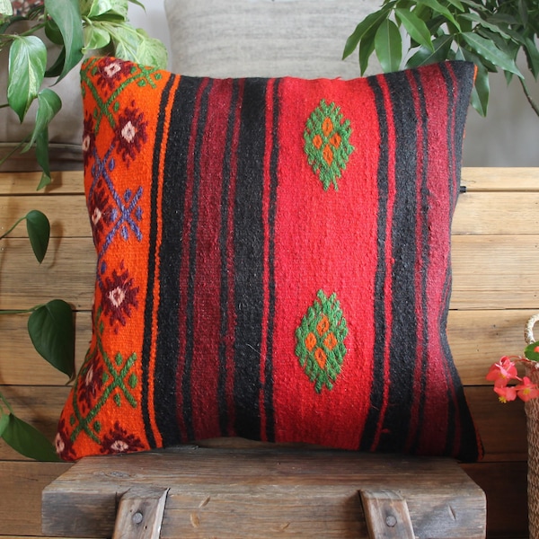 45cm Vintage kilim pillow cover handwoven - vibrant red orange black