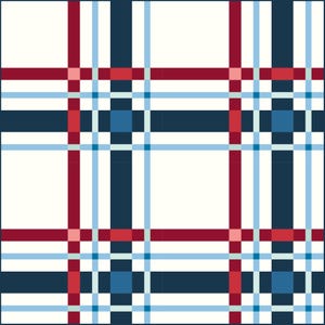 May include: A repeating pattern featuring a grid of white squares intersected by navy blue, light blue, and red lines. The design has a plaid or tartan appearance, with the lines forming rectangular blocks.