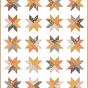 May include: A quilt featuring a repeating pattern of twenty star blocks arranged in a five-by-four grid. Each star is composed of four quadrants with varying fabric prints in shades of orange, yellow, brown, and white, set against a white background.