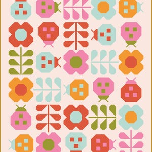 May include: A colorful geometric pattern featuring ladybugs, flowers, and leaves. The pattern is made up of squares and rectangles in shades of red, orange, yellow, green, blue, and pink.