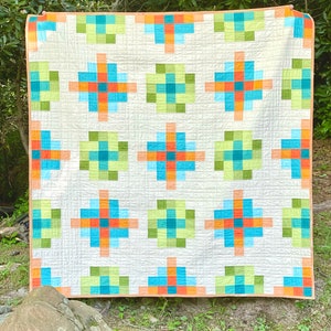 Granny Cabin Modern Quilt kit by Sewcial Stitch - Then Came June 58" by 58" Kit includes fabric for top and binding Blue, Green, Orange