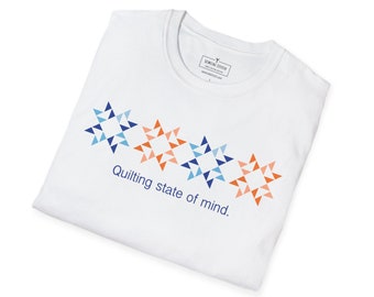 Quilting State of Mind T-Shirt, Orange and Blue Quilting Shirt, Quilt block, Quilter, Unisex Short Sleeved Tee, White, Gray, Natural, Blue