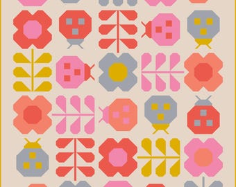 May include: A colorful geometric pattern featuring ladybugs, flowers, and leaves. The design is made up of squares and rectangles in shades of pink, red, yellow, gray, and white.