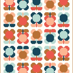 May include: A geometric floral pattern in shades of coral, teal, brown, and navy blue on a cream background. The design features repeating stylized flower shapes with octagonal centers and stem-like elements, framed by a thin brown border.