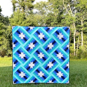 Blue Slanted Star Quilt kit - Mandi Persell of Sewcial Stitch Kit includes fabric for top & binding Modern quilt Beginner 4 size options