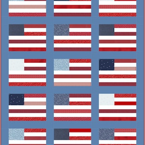 May include: A patriotic quilt featuring twelve American flags. Each flag has a blue canton with white stars or a patterned design, and red and white stripes. The flags are set against a blue background, creating a cohesive and visually appealing design.