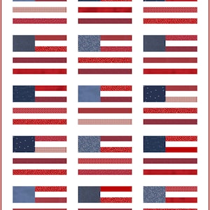 May include: A patriotic quilt design featuring multiple American flags. Each flag has a blue canton and red and white stripes. The flags use various patterns and textures, including polka dots and gingham, for a unique look.