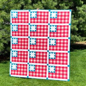 Teal Blue Plaid Flag Quilt kit - Mandi Persell of Sewcial Stitch Kit includes fabric for top & binding Modern quilt offered in 6 sizes
