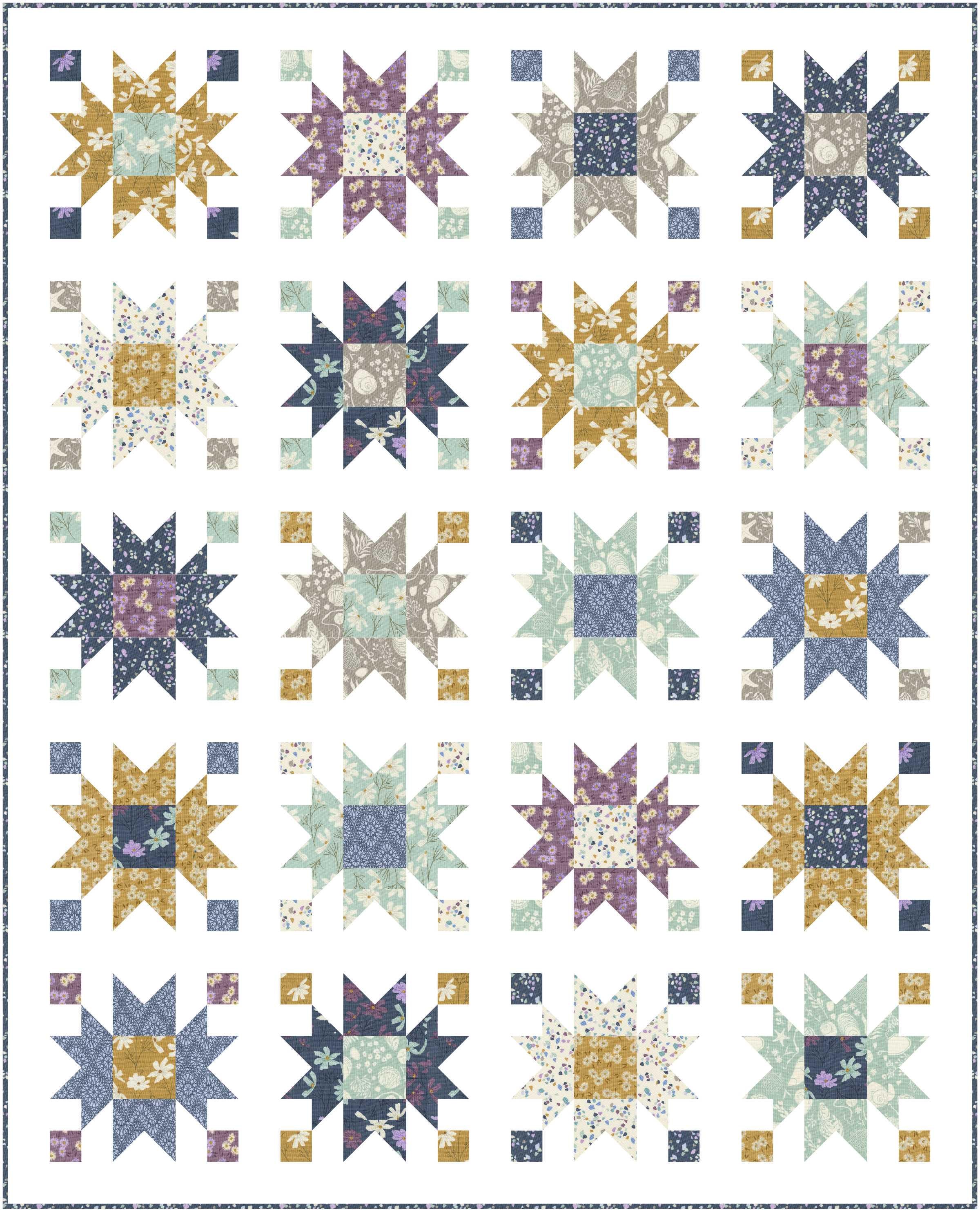 Kit de edredón náutico de cuarto gordo con diseño de bálsamo de abeja de verano Seaglass: patrón de Quilt Cakes. 4 opciones de tamaño. El kit incluye tela para la parte superior y el ribete.