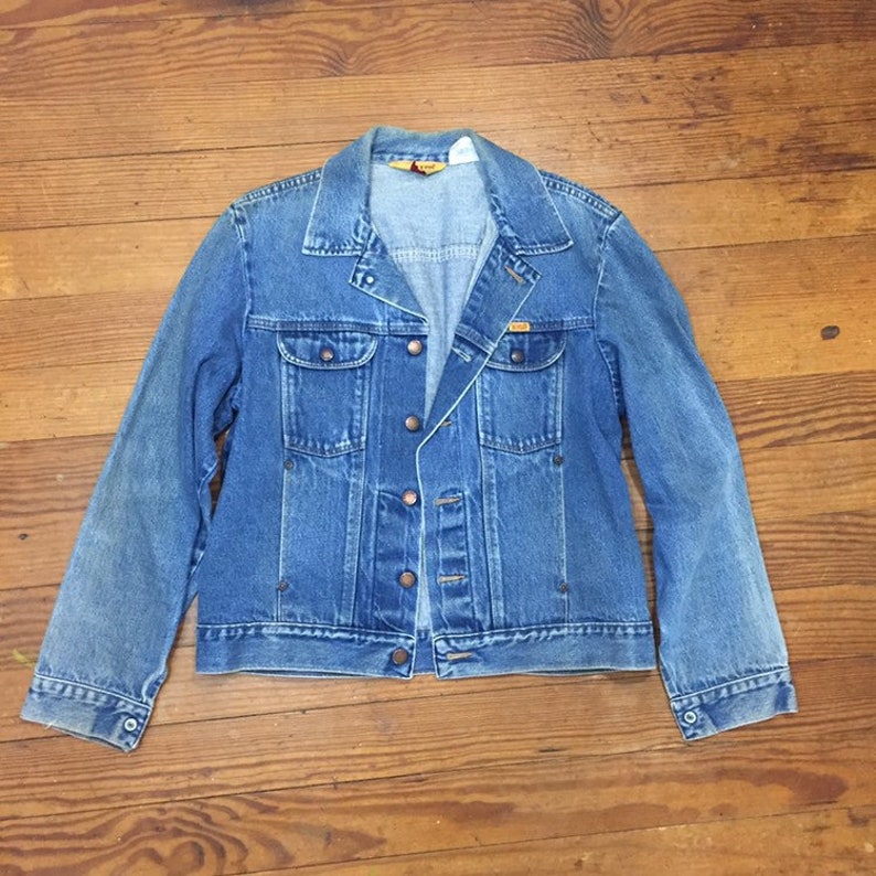 80s FADED Denim Mens Jean Jacket Medium Large Cuffed Rockabilly LONG Sleeve Jacket Womens oversized Boyfriend jacket Rustler wrangler denim