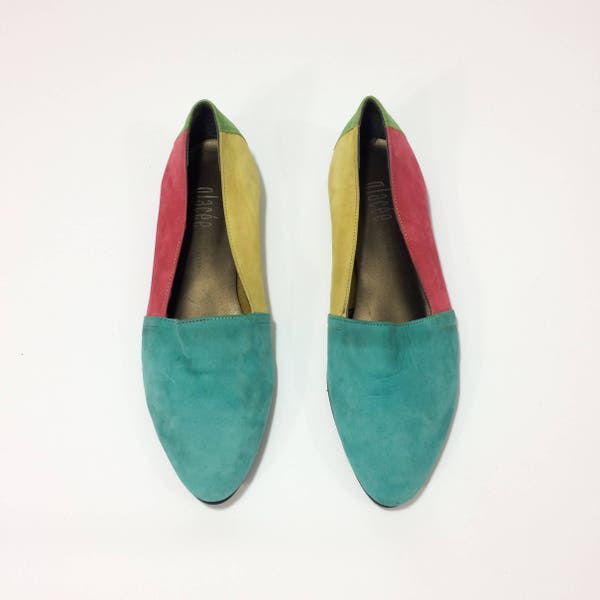 80s SUEDE Colorblock Flats Slip Ons Colorful Leather Dress Shoes Womens Size 8 SKIMMERS 39 Slip On Shoes 38 Uk 6 Low Cut pointed Toe Loafers