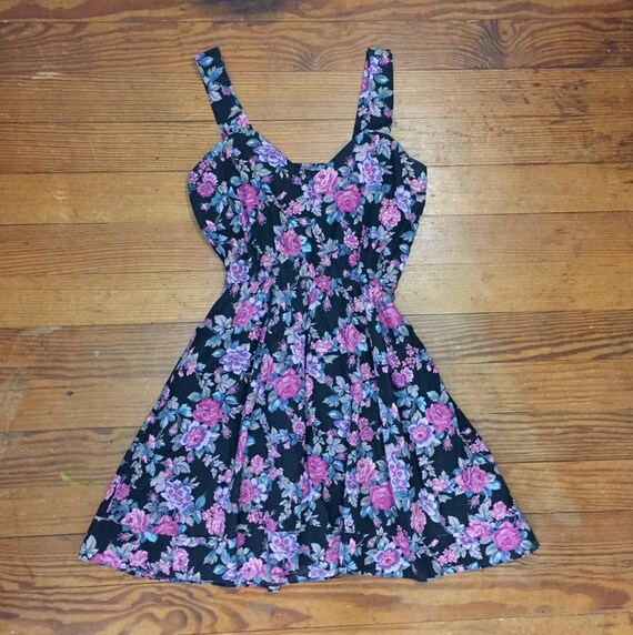 80s thin cotton MINI Dress Black floral Skater Dre