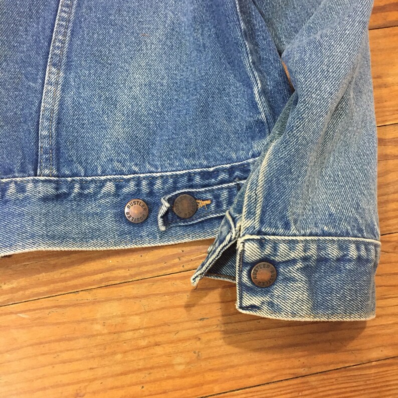 80s FADED Denim Mens Jean Jacket Medium Large Cuffed Rockabilly LONG Sleeve Jacket Womens oversized Boyfriend jacket Rustler wrangler denim