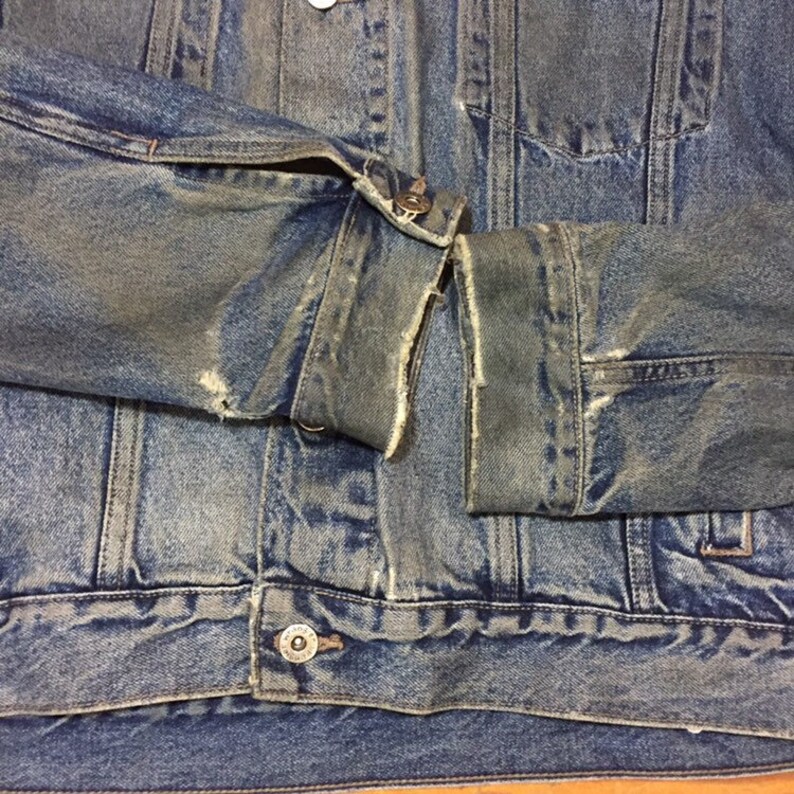 80s thrashed Denim jacket Mens Jean Jacket Large Cuffed Rockabilly Extra LONG Sleeve Jacket Womens oversized Boyfriend wrangler greaser Usa