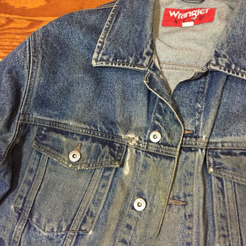 80s thrashed Denim jacket Mens Jean Jacket Large Cuffed Rockabilly Extra LONG Sleeve Jacket Womens oversized Boyfriend wrangler greaser Usa