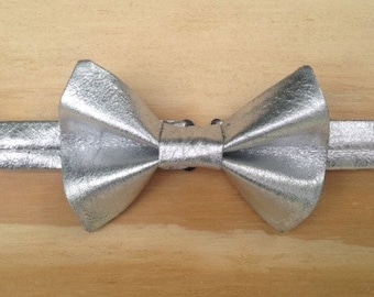 Metallic Silver Pleather bowtie