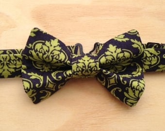 Navy and chartreuse damask bowtie