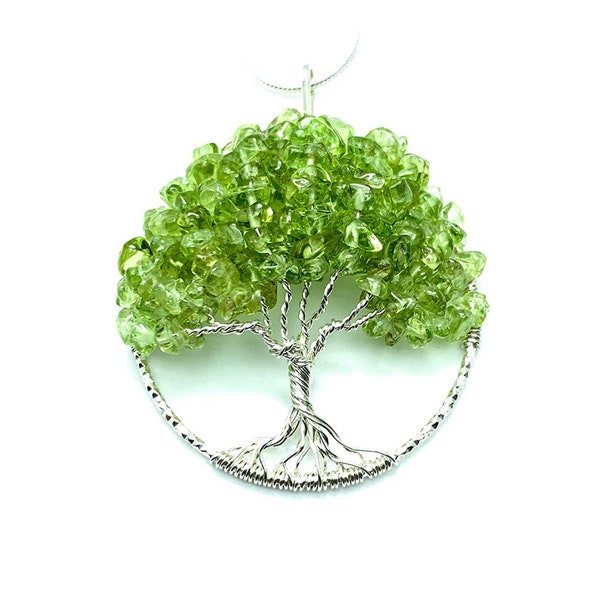 Sterling Silver Tree of Life Pendant with Genuine Peridot Stones for August Birthday Gift or 16th Anniversary Gift