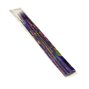 May include: A bundle of colorful, patterned paper straws in a clear plastic sleeve. The straws are arranged in a fan shape and have a variety of colors, including purple, green, yellow, and pink.