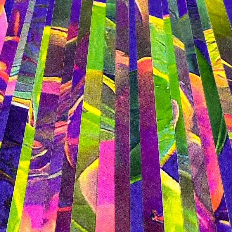 May include: Abstract art print with vertical stripes in shades of green, purple, pink, and yellow.